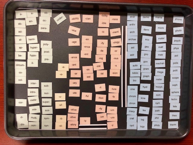 Picture showing prefixes, suffixes, and Greek roots of the phonics and morphology magnets in a cookie sheet, with prefixes on the left, suffixes in the middle, and roots on the right.